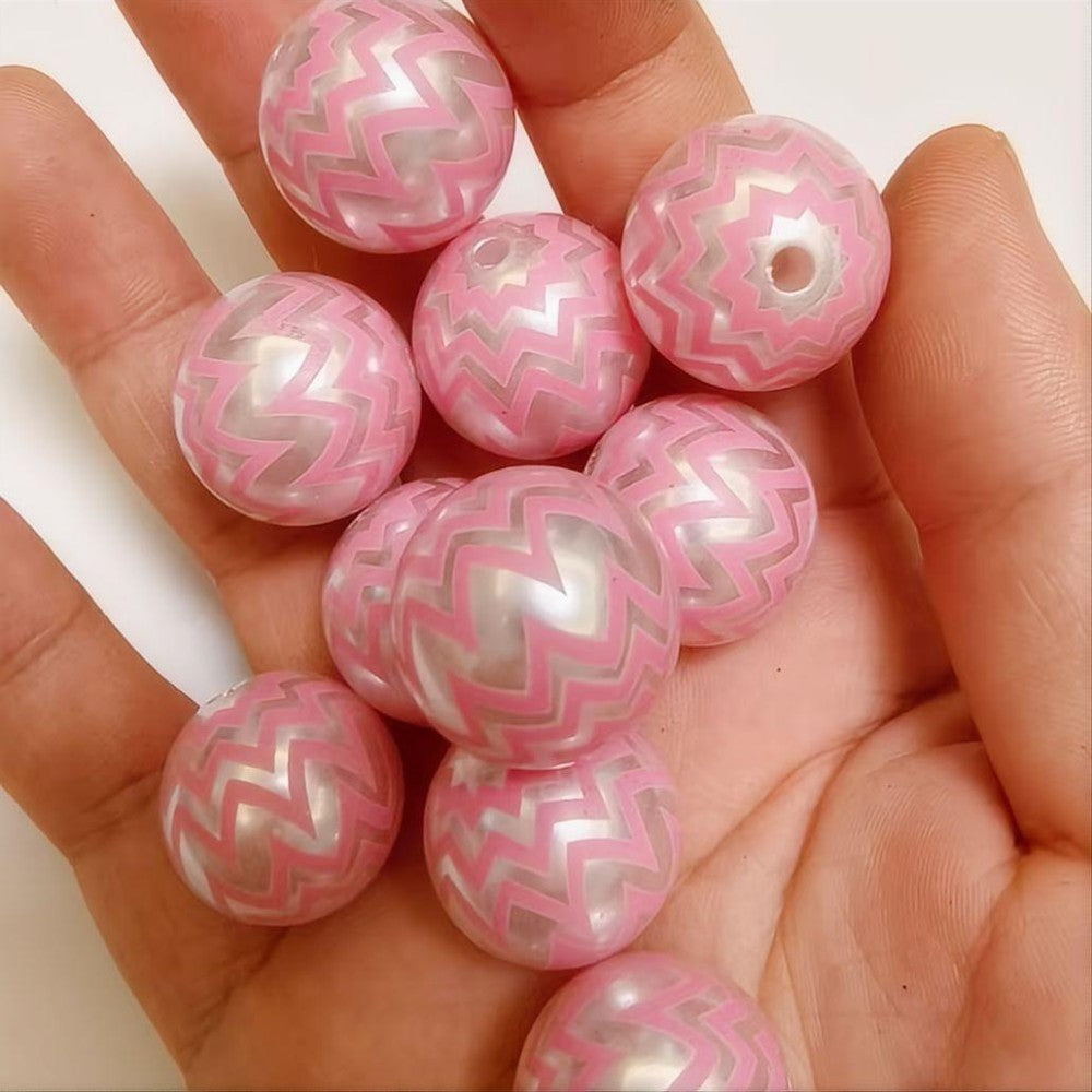 Printed Bubblegum Beads 20mm Pearl Pink Wavy Glossy Translucent 10pcs 3