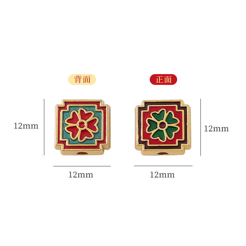 Square Metal Beads 12mm Cloisonne Red Green Enamel Clovers 10pcs 2