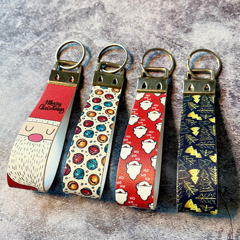 Christmas Leather Wristlet Keychain Santa Jingle Bells Gold Tree