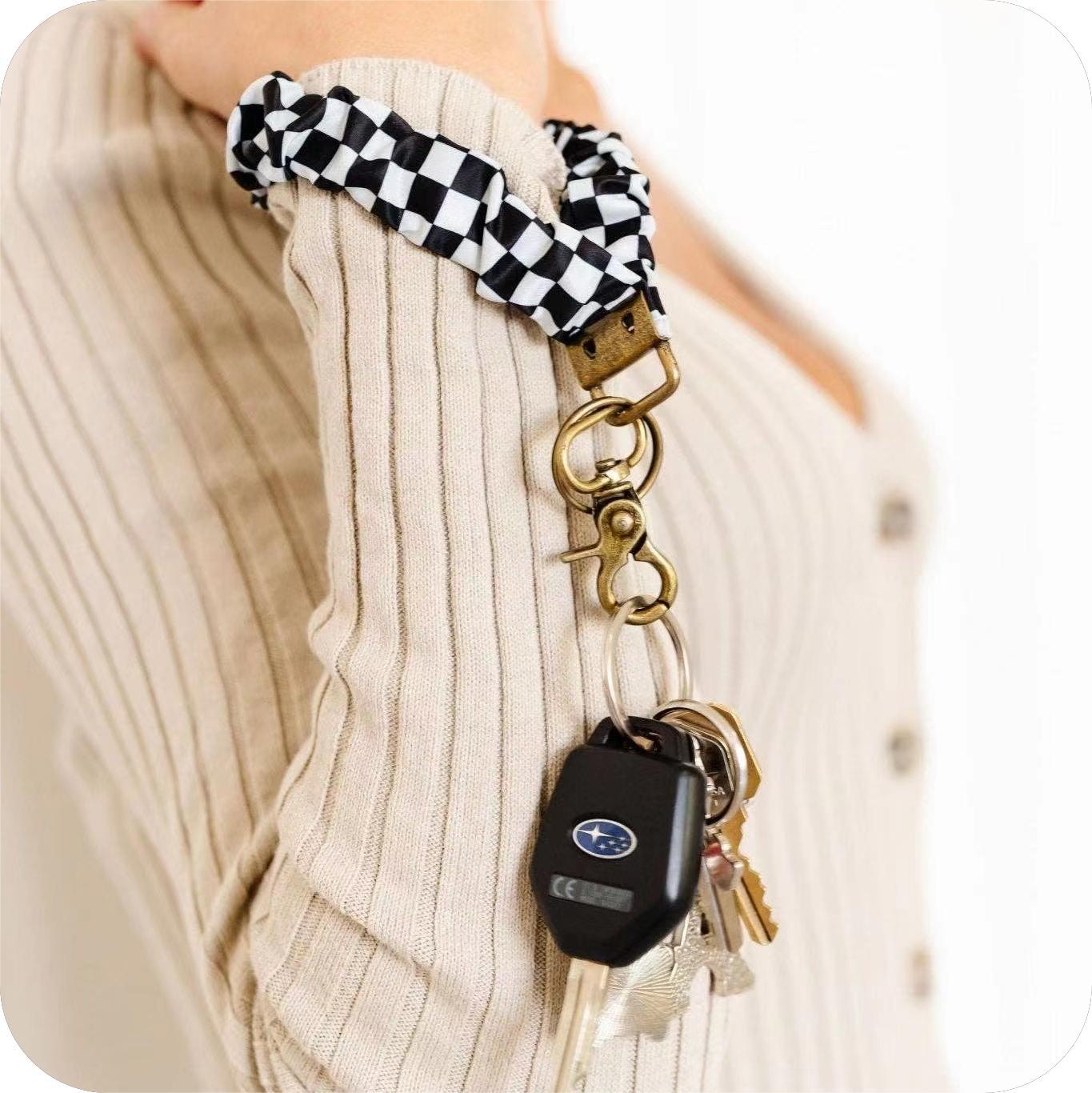 Plaid and Dotted Fabric Scrunchie Keychain with Vintage Brass Clasp 2pcs 2