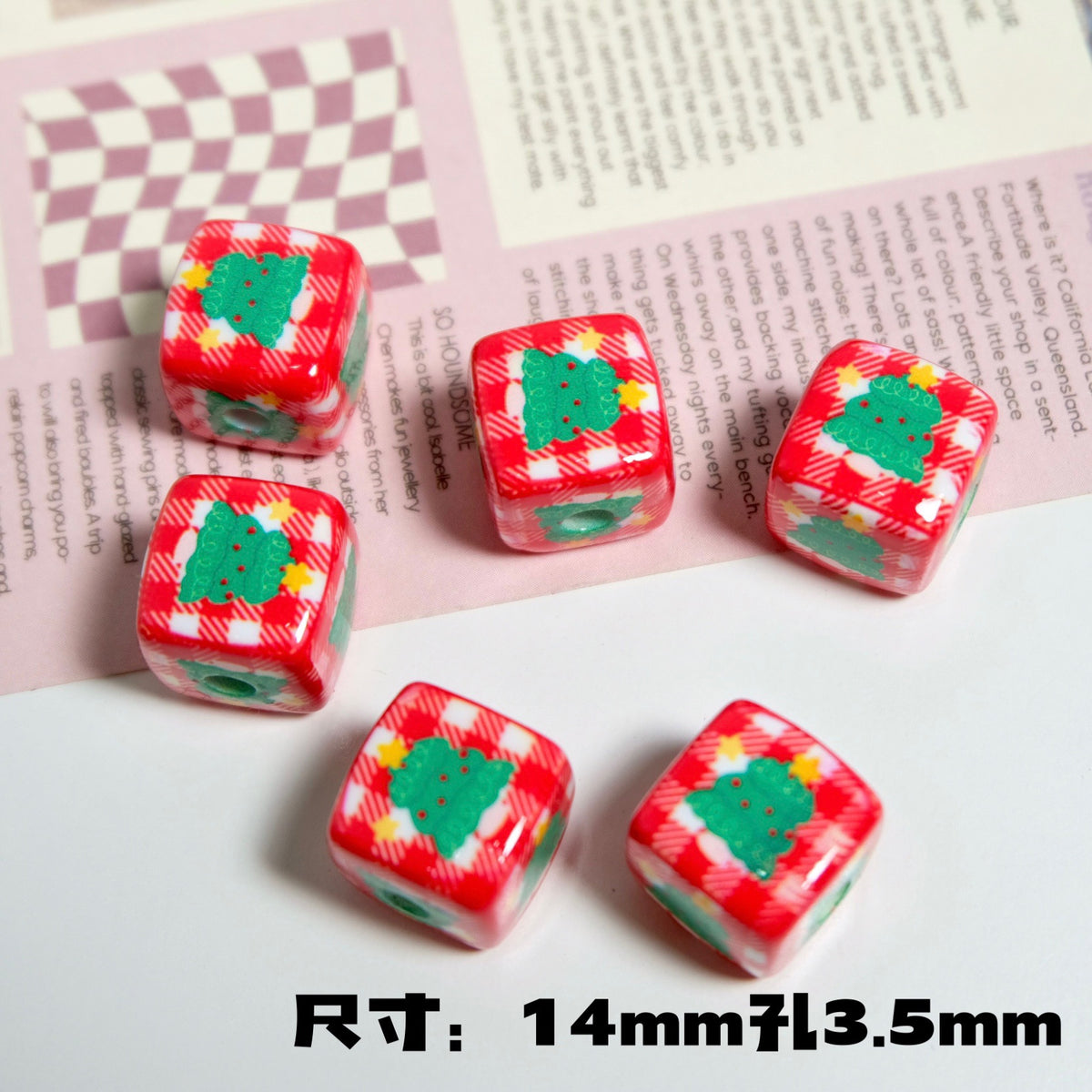 Christmas Square Acrylic Beads 14mm Colorful Printed 10pcs 9