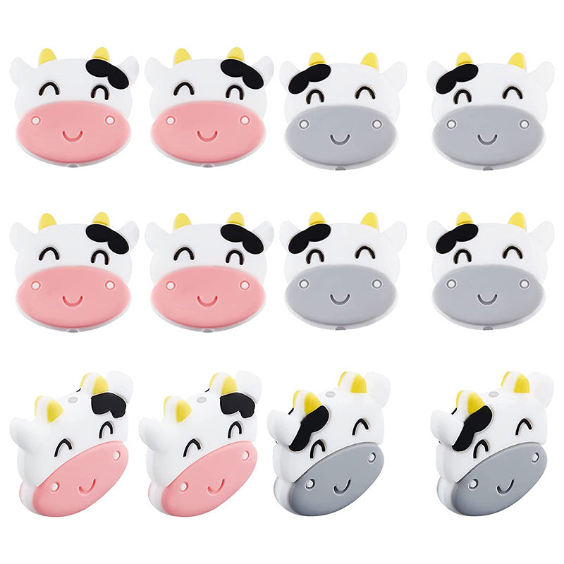 Silicone Focal Beads Cow Smiling Faces Pink Gray 20pcs 4