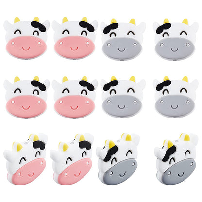 Silicone Focal Beads Cow Smiling Faces Pink Gray 20pcs 4