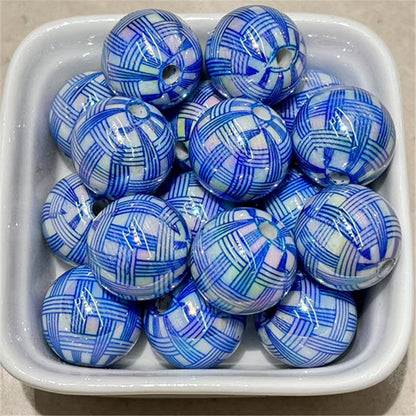 Plating Round Acrylic Beads 16mm UV Woven Plaid Pattern 100pcs 8