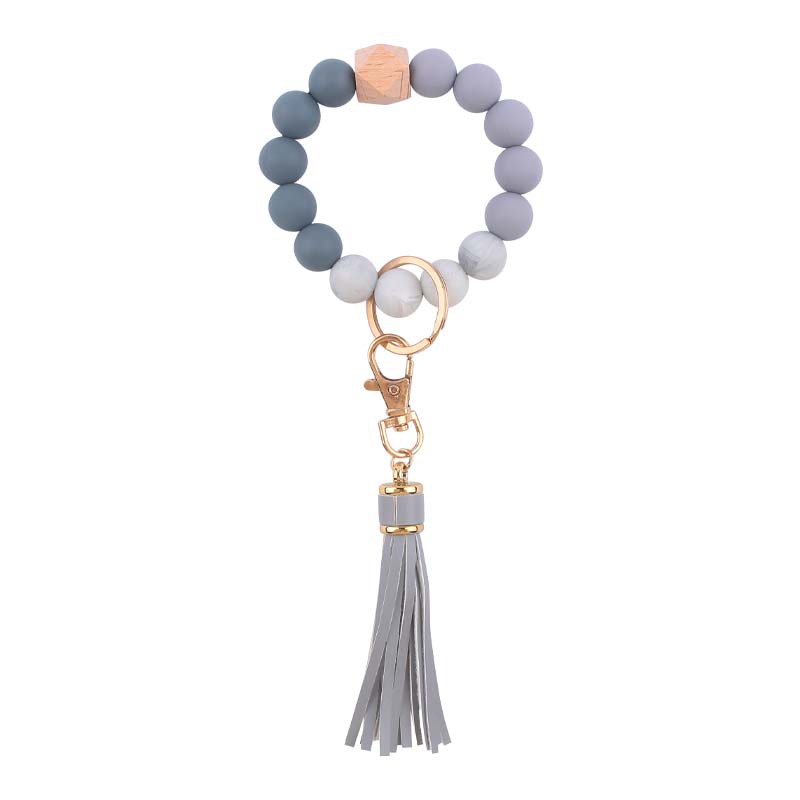 Silicone Beaded Wristlet Keychain with PU Tassel and Wood Accent 16