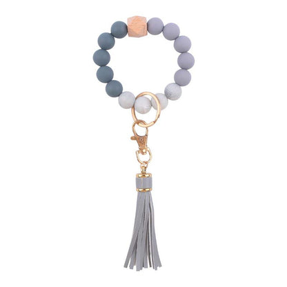 Silicone Beaded Wristlet Keychain with PU Tassel and Wood Accent 16