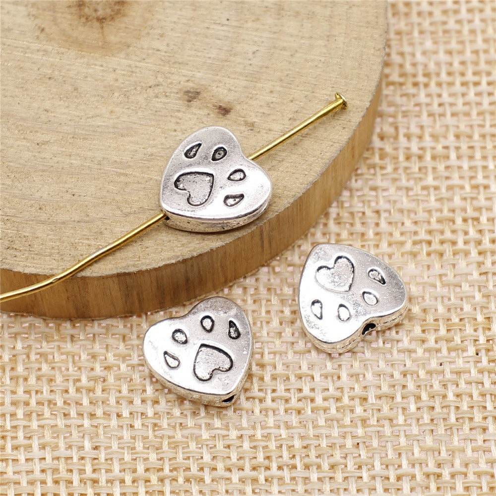 Heart Metal Beads 11mm Paw Engraved Silver Alloy 30pcs 2