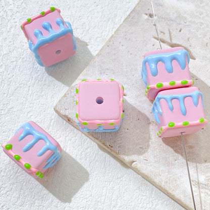 Painted Square Acrylic Beads 2.7mm Hand Drawn Cream Cake Design 9