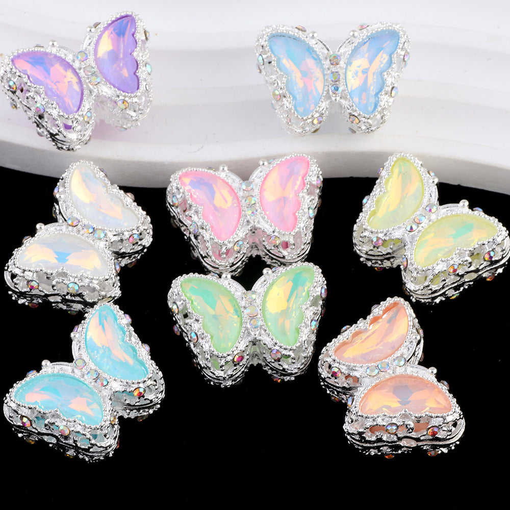 Butterfly Rhinestone Beads 28mm Colorful Silver Alloy 10pcs