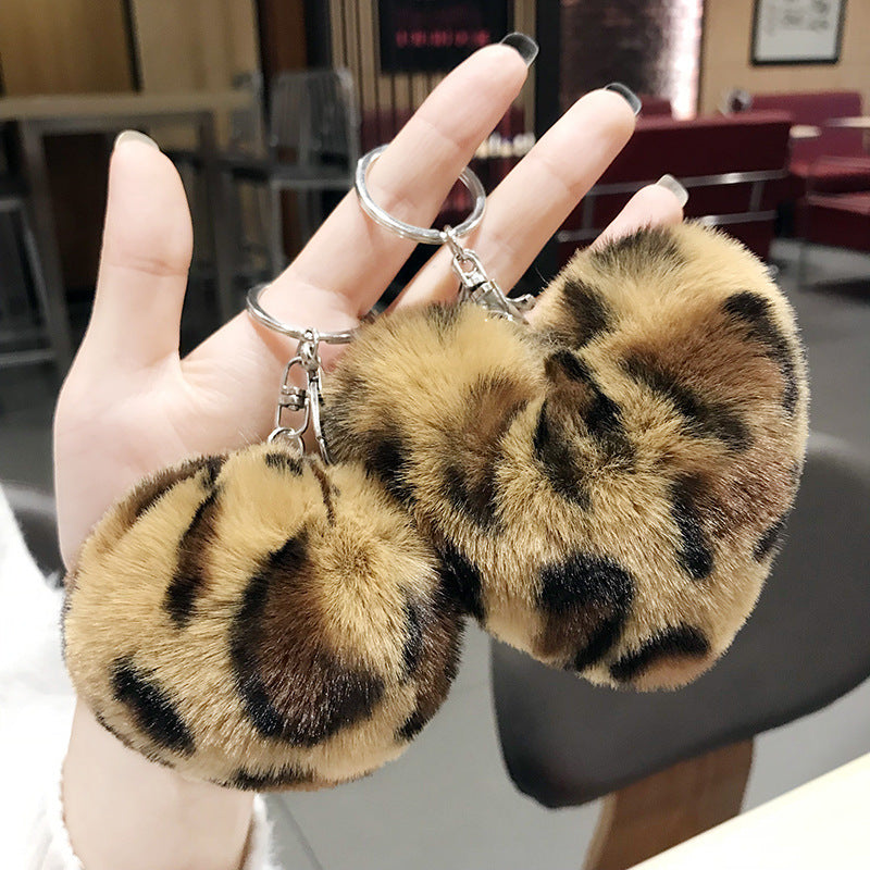 Plush Leopard Pom Pom Heart Keychain Soft Faux Fur 13cm 2pcs