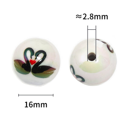 UV Plating Round Acrylic Beads 16mm Valentine Swan Print 50pcs 4