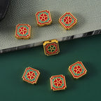 Square Metal Beads 12mm Cloisonne Red Green Enamel Clovers 10pcs