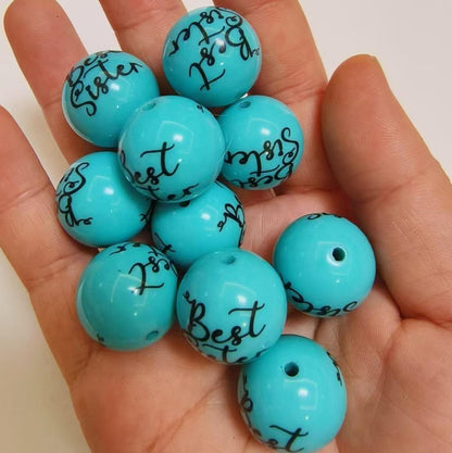 Printed Bubblegum Beads 20mm Blue Best Sister Text 20pcs 2