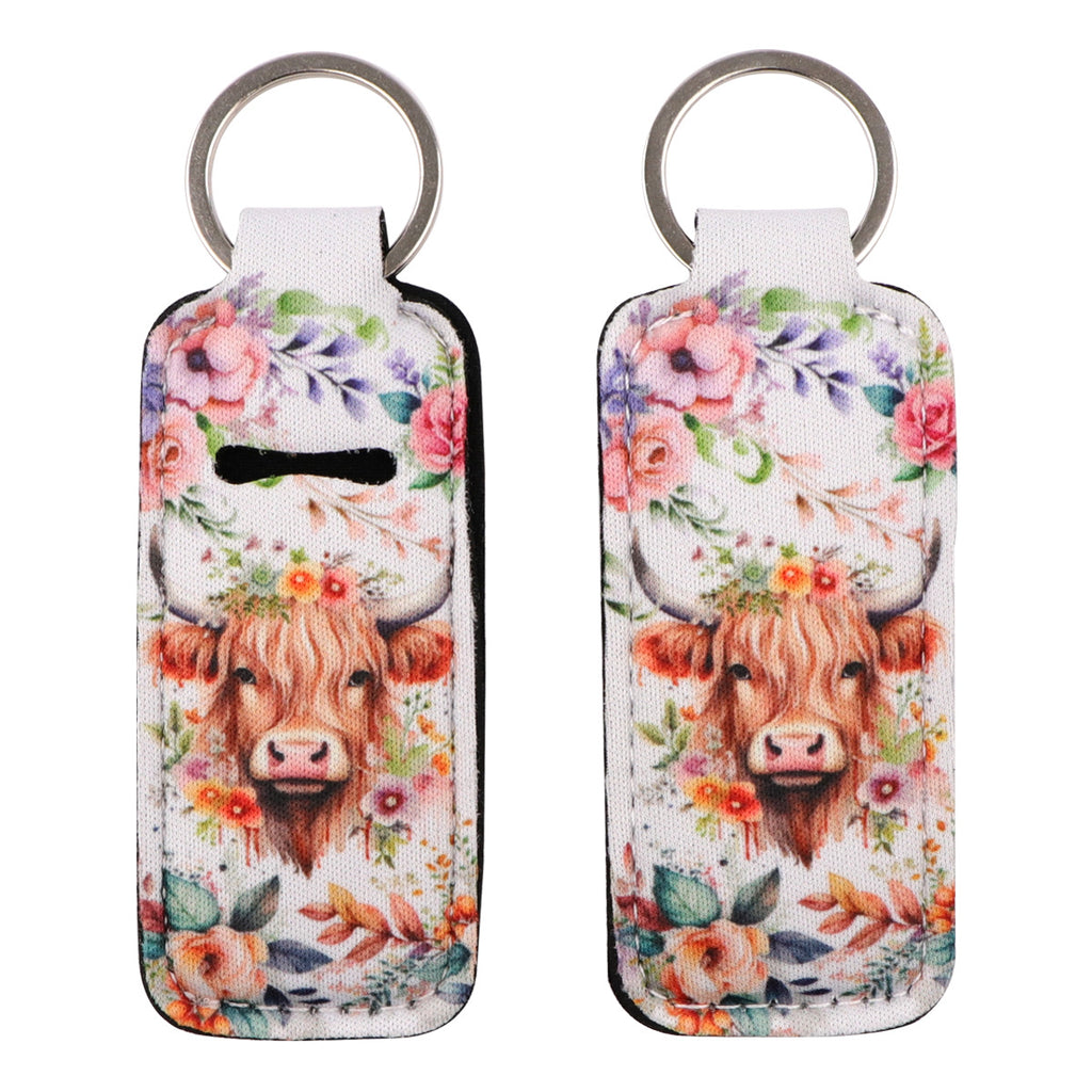 Highland Cow Pattern Chapstick Holder Neoprene Functional Keychain 3pcs 5