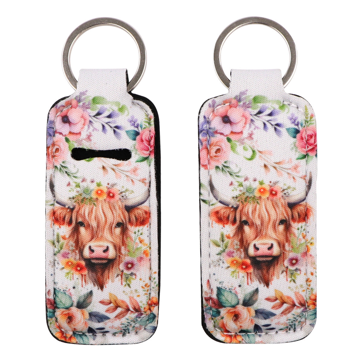 Highland Cow Pattern Chapstick Holder Neoprene Functional Keychain 3pcs 5