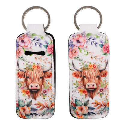 Highland Cow Pattern Chapstick Holder Neoprene Functional Keychain 3pcs 5