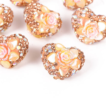 Rhinestone Heart Clay Beads 23mm Peach Blossoming Rose 10pcs 10