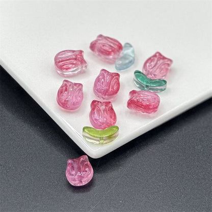 Tulip Transparent Glass Beads 12mm Pink Green Floral 100pcs 3