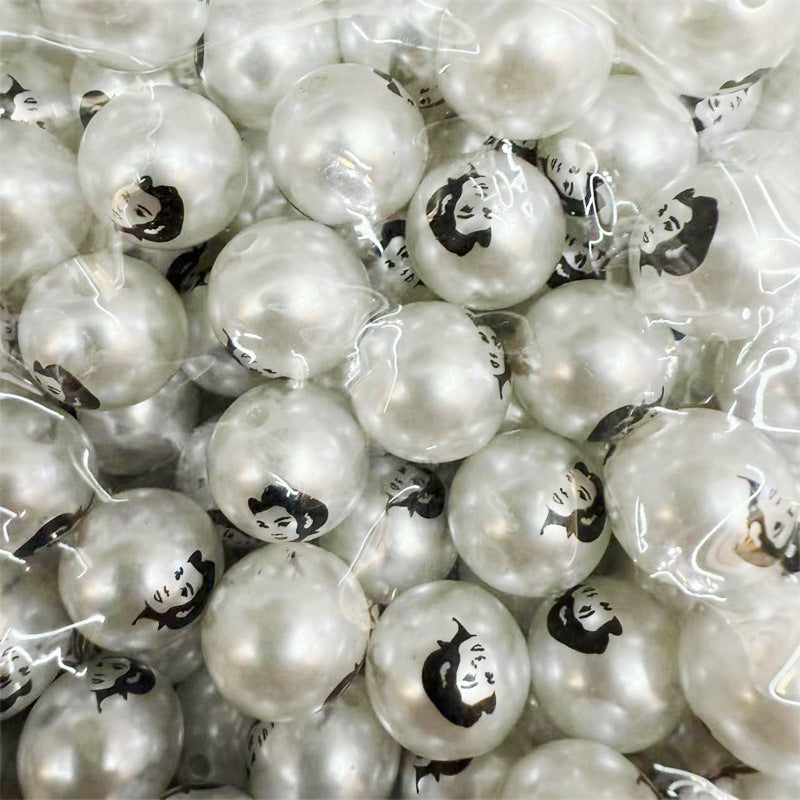 Pearl Acrylic Beads 16mm Imitation White Black Logo Printed 100pcs 5