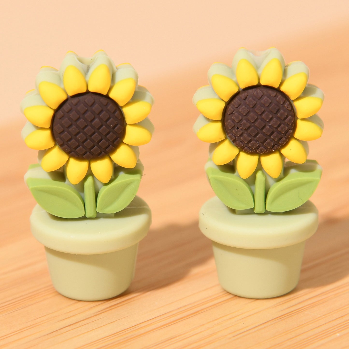 Silicone Focal Beads Sunflower Flowerpot Brown Pot Yellow Flower 20pcs 8