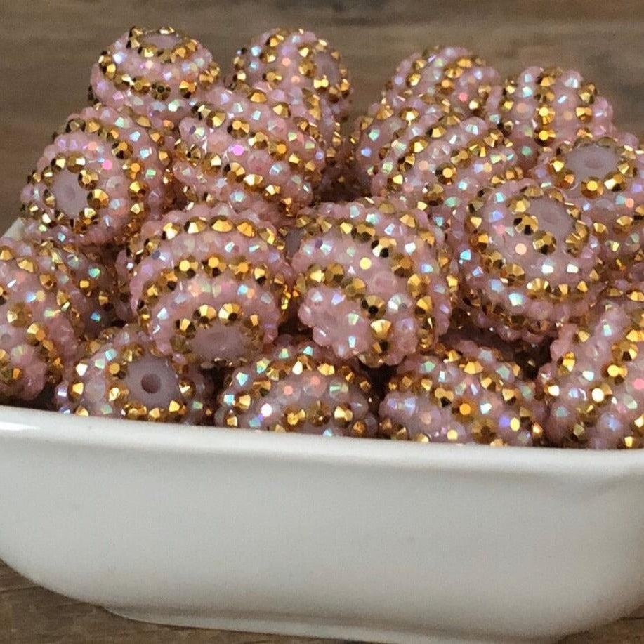 Rhinestone Bubblegum Beads 16-22mm Pink Gold Striped Resin 5pcs