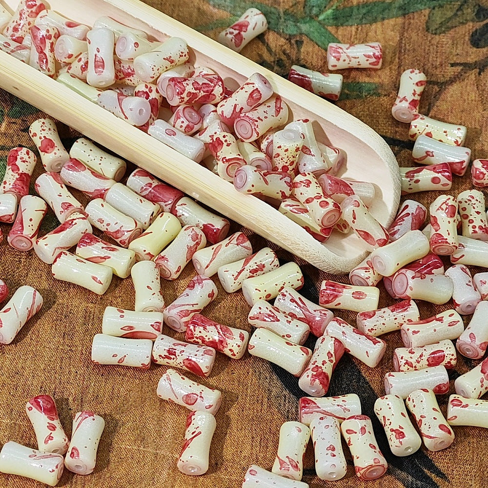 Painted Bamboo Tube Glass Beads 6X12mm Marbled Earth Tone 50pcs 15