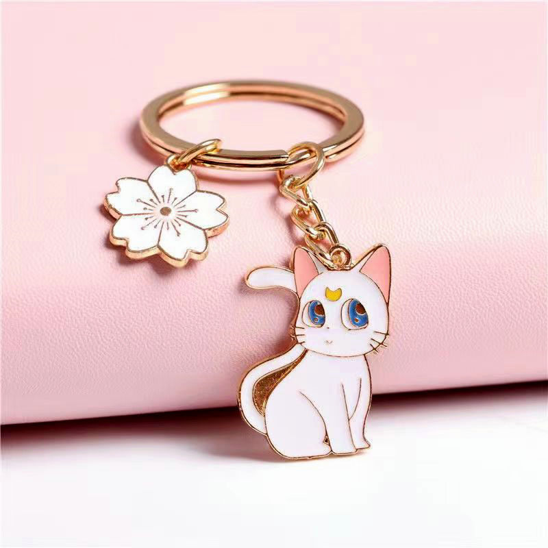Alloy Cherry Blossom Cat Keychain Cute Enamel Feline Charm 2