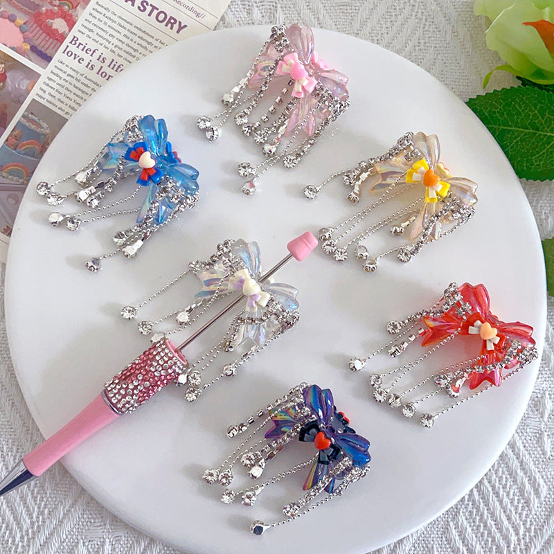 Fancy Tassel Heart Bow Acrylic Beads 58mm Rhinestone 5pcs