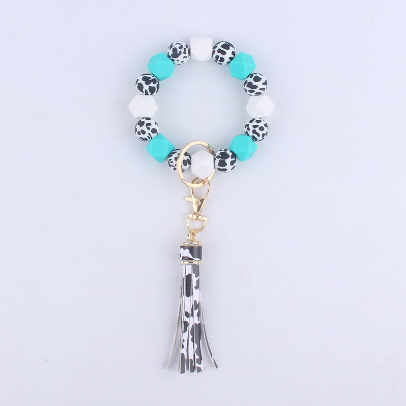 Leopard Print Silicone Bead Tassel Wristlet Keychain 11