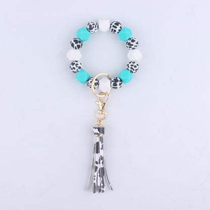 Leopard Print Silicone Bead Tassel Wristlet Keychain 11