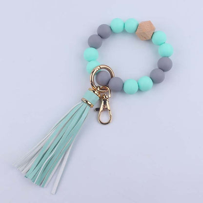 Silicone Beaded Wristlet Keychain with Leather Tassel and Octagonal Wood Accent 10