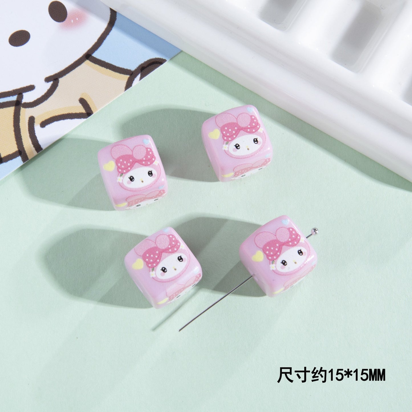 Printed Acrylic Square Beads 15mm Sanrio Pastel Colors 10pcs 18