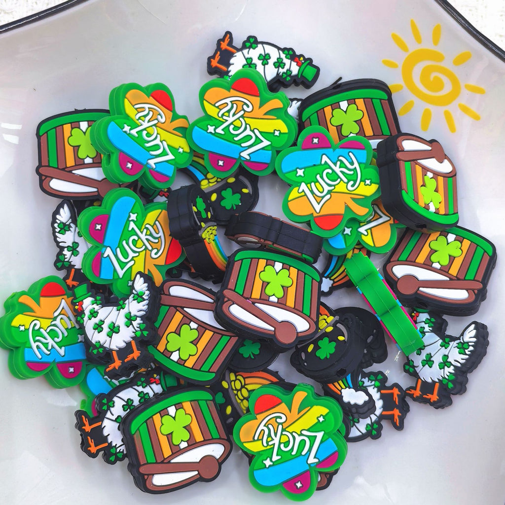 Silicone Focal Beads Lucky Grass Four Leaf Clover Rainbow Pot of Gold 20pcs 4