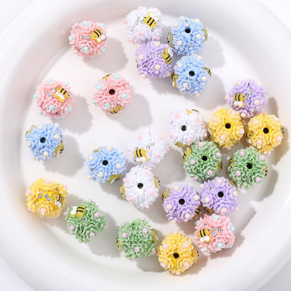 Floral Bubblegum Beads 23mm Bee Flower Ball Resin Rhinestone 3pcs