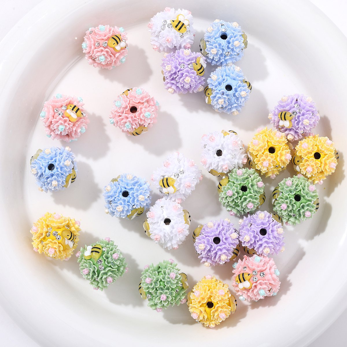 Floral Bubblegum Beads 23mm Bee Flower Ball Resin Rhinestone 3pcs