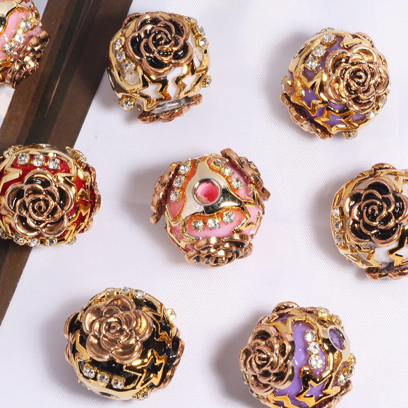 Embellished Bubblegum Beads 19mm Antique Gilded Rose Rhinestone 5pcs 3