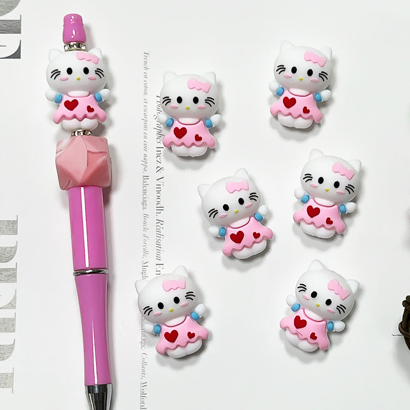 Silicone 3D Focal Beads Kitty Cat Wearing Pink Heart Dress 6