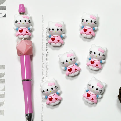 Silicone 3D Focal Beads Kitty Cat Wearing Pink Heart Dress 6