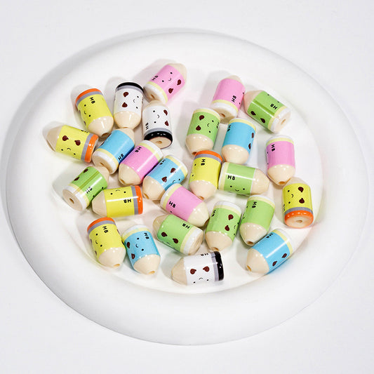 Painted Smiling Face Pencil Head Acrylic Beads 12x20mm Colorful 10pcs
