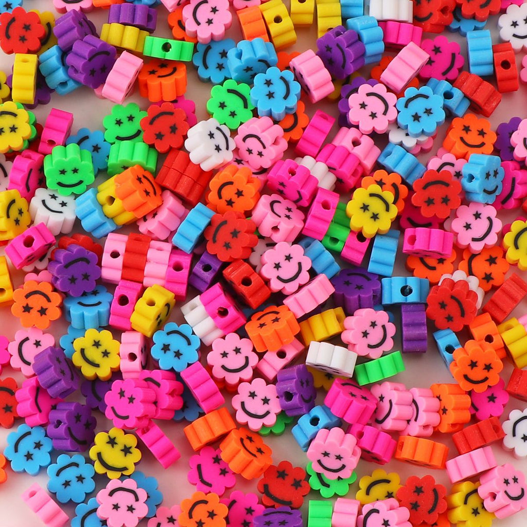 Flower Clay Beads 9mm Colorful Smiley Face With Star Eyes 100pcs 6