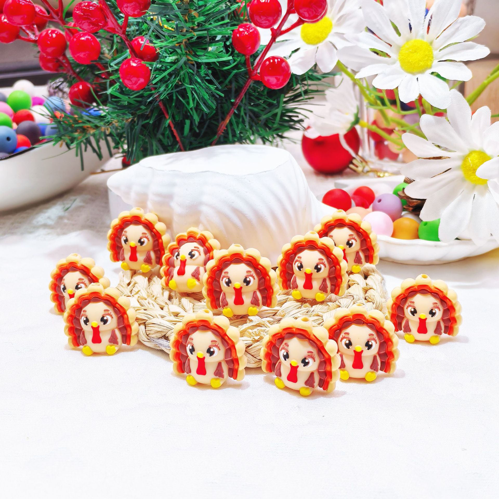 Silicone 3D Focal Beads Turkey Smiling Face Layered Feathers 20pcs