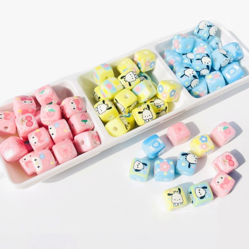 Printed Acrylic Square Beads 15mm Sanrio Pastel Colors 10pcs