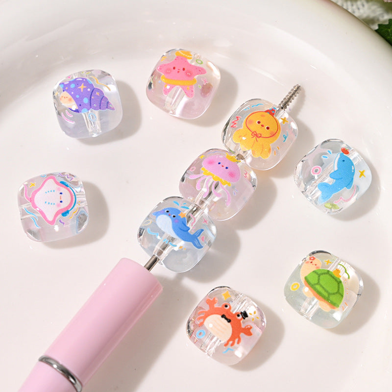 Clear Marine Creature Square Acrylic Beads 15mm Printed 10pcs 6