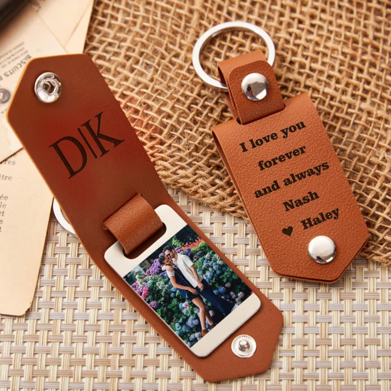 PU Leather Blank Sublimation Photo Keychain Brown Laurel Wreath Snap Closure 4