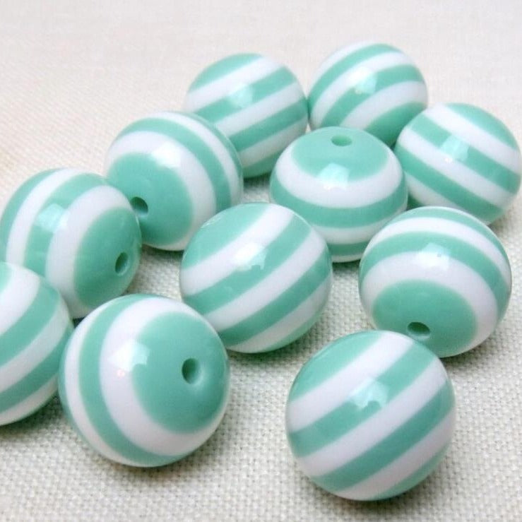Striped Bubblegum Beads 20mm Mint Green Chunky Resin 10pcs
