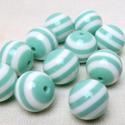 Striped Bubblegum Beads 20mm Mint Green Chunky Resin 10pcs