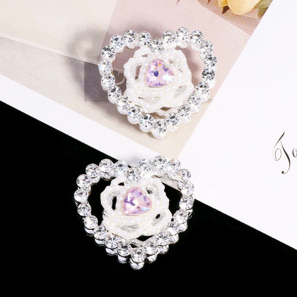 Hollow Floral Heart Rhinestone Beads 25mm Alloy Base 3pcs 3