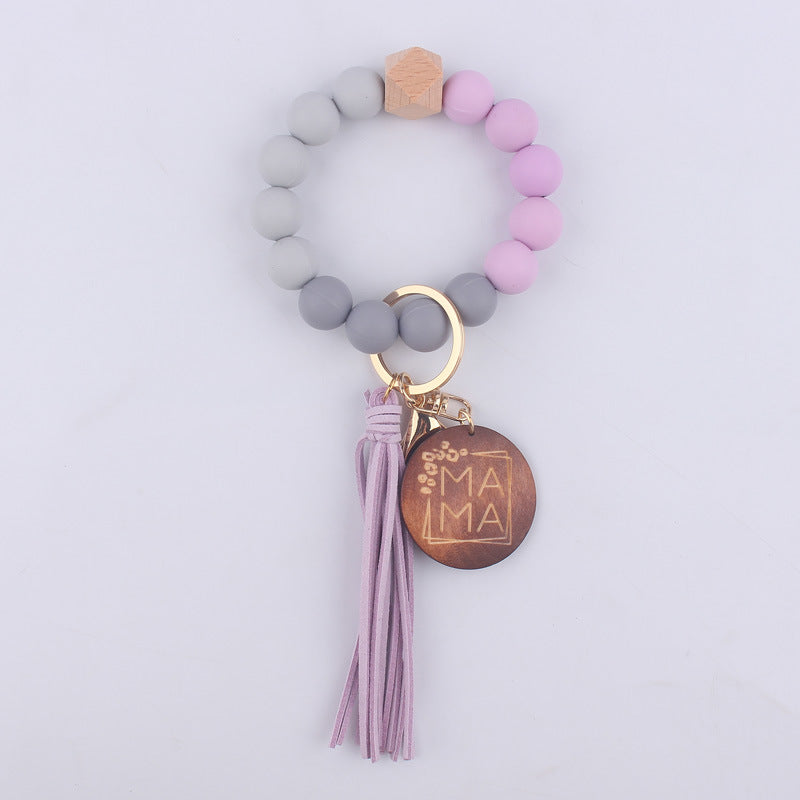 Silicone Bead Wristlet Keychain with Wood Tag and Leather Tassel MAMA 7