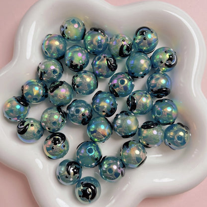 Painted Star Moon Acrylic Beads 16mm Black White Hand Drawn 5pcs 6