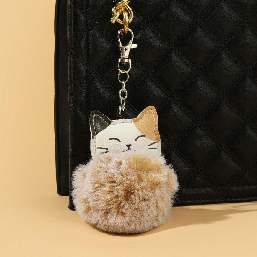 Leather Plush Cat Keychain Soft Tan Faux Leather Zinc Alloy